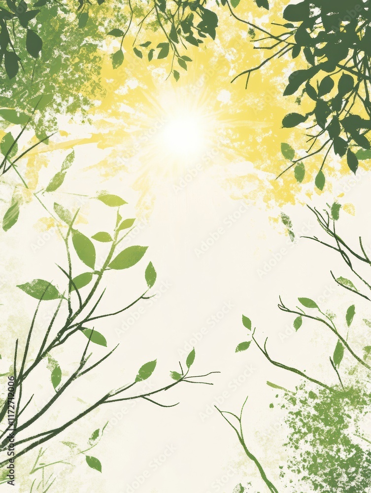 Poster playful doodle capturing sunlight filtering through vibrant green leaves on a serene day in nature. 