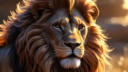 Fototapeta premium Majestic Lion in the Golden Afternoon A Hyper-Realistic Portrait