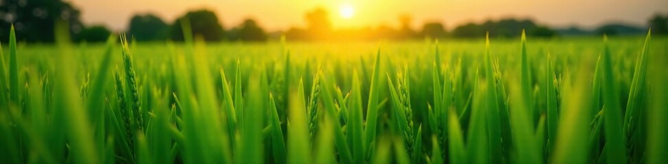 Obraz premium Green rice plants growing in a field at sunrise, sunlight, agricultural, growth