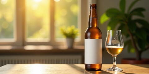 A bottle of beer with a blank label and a glass of beer on a wooden table in a sunlit room