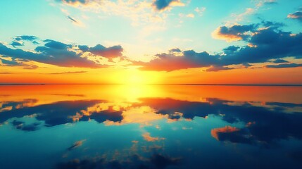 Serene Sunset Over Calm Waters with Vibrant Reflection in Sky