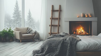 Cozy bedroom with fireplace, armchair, and winter view.