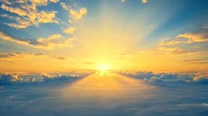 Serene Sunrise Over Clouds Illuminating the Sky with Soft Rays