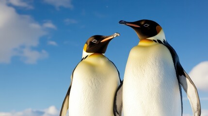 Fototapeta premium Two Emperor Penguins Against a Bright Blue Sky