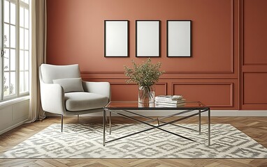 Modern living room interior design, terracotta walls, armchair, coffee table, rug, natural light.