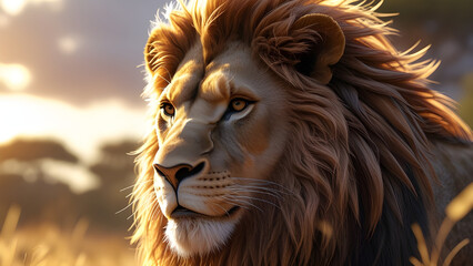 Naklejka premium Majestic Lion in the Golden Afternoon A Hyper-Realistic Portrait