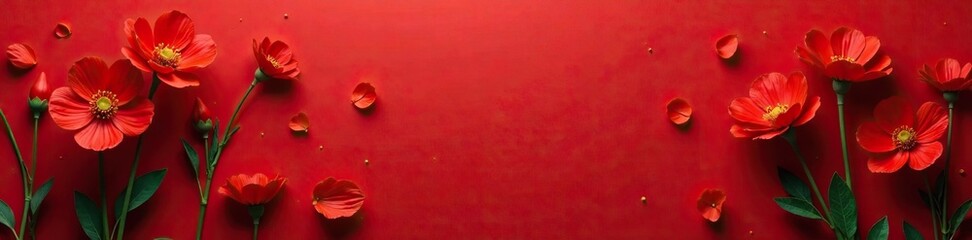Fototapeta premium Red cempasuchil flowers scattered on a red background, decoration, autumn flowers, flower vases