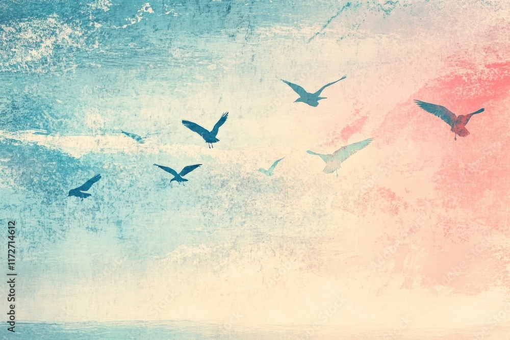 Poster colorful birds soar through a retro risograph styled sky at sunset over the ocean with gentle waves 
