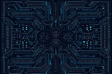 Abstract close-up of a glowing blue digital circuit board, showcasing intricate connections and technological design on a black background.
