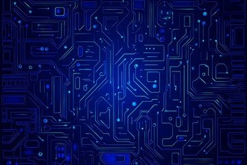 Abstract close-up of a glowing blue digital circuit board, showcasing intricate connections and technological design on a black background.

