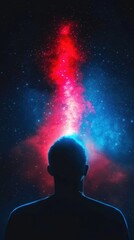 Cosmic silhouette: person stargazing surreal night sky