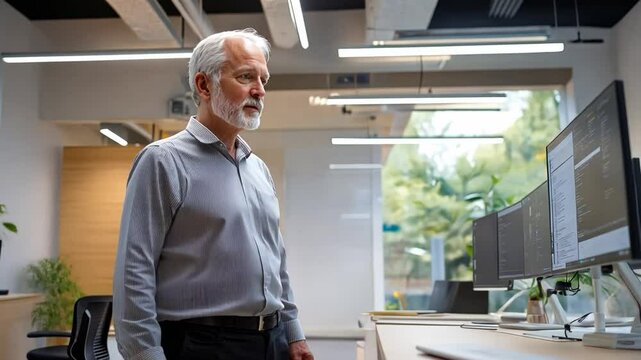 A senior man supervises a smart office renovation project, ensuring the integration of advanced automation tools for seamless communication and task management