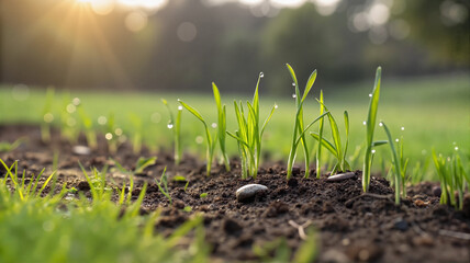 Young grass sprouts in fertile soil under sunlight