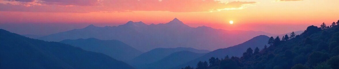 Obraz premium Softly glowing orange hues descend upon the mountain peaks, peaceful, twilight