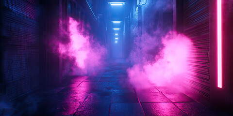 Background of an empty room with brick walls and neon lights, laser lines and multi-colored smoke