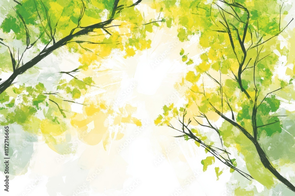 Poster bright and playful doodle of vibrant green trees against a soft light background in springtime charm