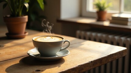 Warm Latte Art in Morning Sunlight on Rustic Wooden Table