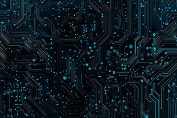 Abstract close-up of a glowing blue digital circuit board, showcasing intricate connections and technological design on a black background.
