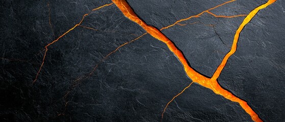 Molten Lava Crack in Dark Volcanic Rock Texture Background
