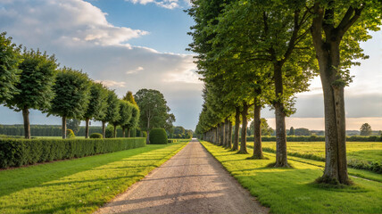 Fototapeta premium Country road lined with green trees under blue sky