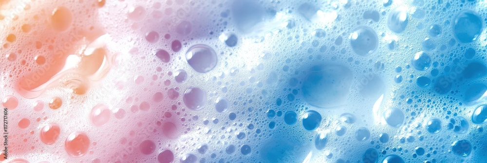 Poster macro view of colorful bubbles floating in water with pink and blue background in vibrant and soothi
