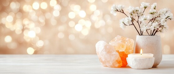 Serene Spa Setting Himalayan Salt Crystals Candle White Flowers Bokeh Background