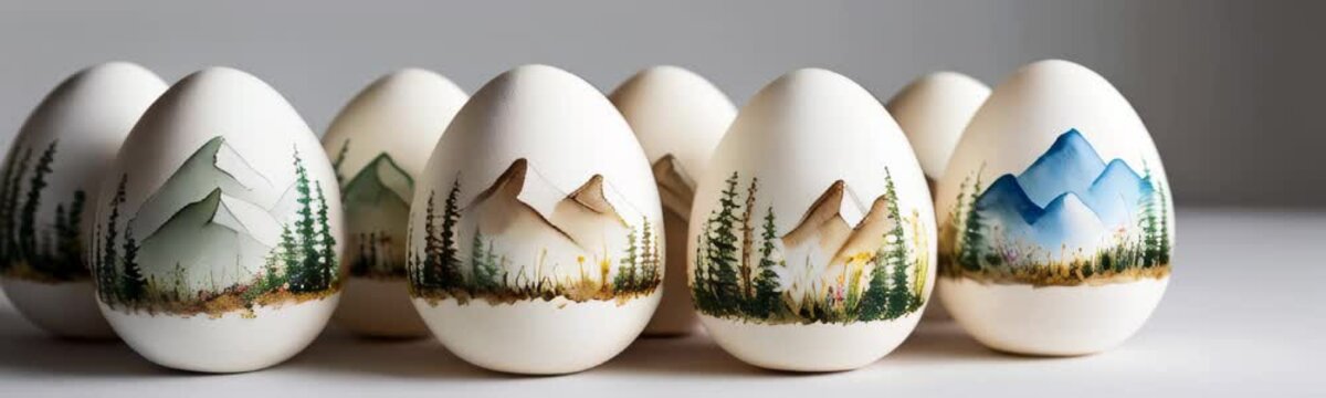 Easter eggs painted with serene mountain landscapes, pine trees, and wildflowers. Nature, tourism, hiking concept. Handmade craft DIY. Easter Banner