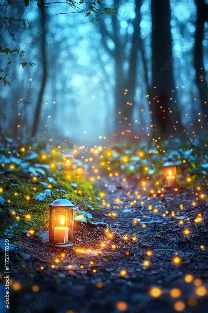 Poster backdrop of a glowing pathway lined with candles and greenery