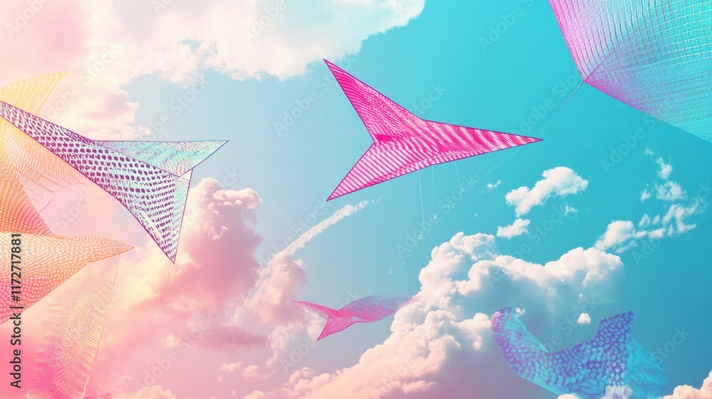 Fototapete vibrant abstract shapes float through a pastel sky filled with soft clouds in retro risograph style 