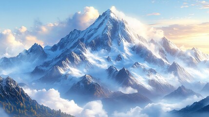 Majestic Snow-Capped Peak Rising Above Serene Clouds: Digital Painting in a Dreamlike Style. AI Generated