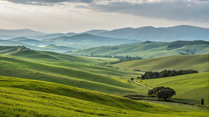 Obraz premium Rolling green hills with scenic valley view