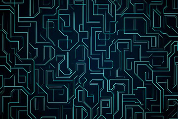 Abstract close-up of a glowing blue digital circuit board, showcasing intricate connections and technological design on a black background.
