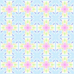 Seamless floral pattern by water color with pink flower, green leaf and blue square