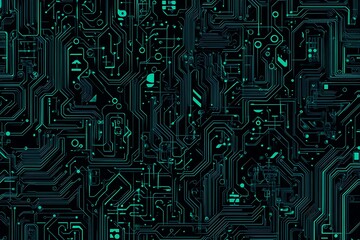 Abstract close-up of a glowing blue digital circuit board, showcasing intricate connections and technological design on a black background.
