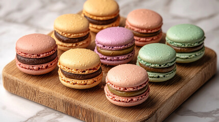 Obraz premium Colorful macarons arranged on wooden board, marble background, dessert presentation