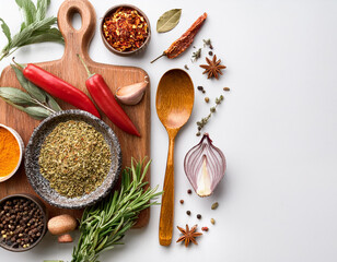 A set of Spices and herbs on a white wooden table. Basil, pepper, saffron, spices. Indian traditional cuisine. Top view. Free copy space.