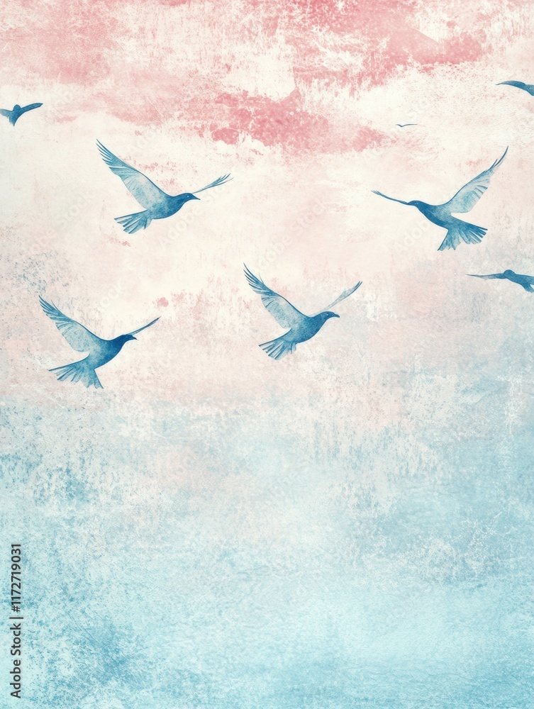 Aufkleber flying birds in soft retro colors against a textured sky with pastel hues conveying tranquility and 