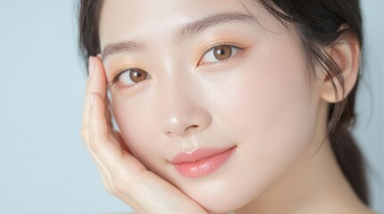 Fototapeta premium Radiant Asian Woman with Glass Skin: Close-up Beauty Portrait Highlighting Natural Skincare and Makeup for Flawless Complexion, Youthful Glow, and Serene Elegance