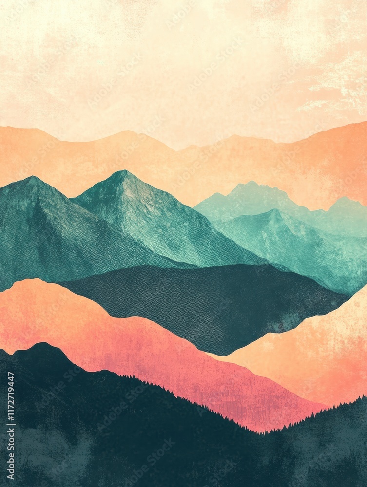 Poster colorful mountain landscape in retro risograph style showcasing layers of peaks and valleys during a