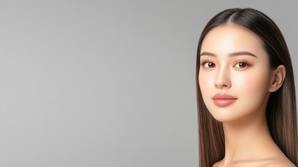 Naklejka premium A portrait of a young woman with long hair against a minimalist background, showcasing beauty and elegance.