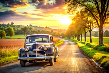 Fototapeta premium Vintage car parked on a scenic country road