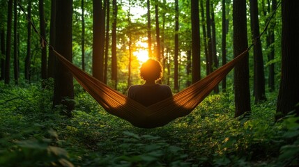 Sunset forest hammock relaxation, peaceful nature scene.  Use Calming website background.