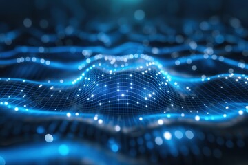 Abstract futuristic wave grid with glowing blue lights representing data flow, quantum computing, and technological innovation. Perfect for digital science backgrounds and harvesting energy concepts.