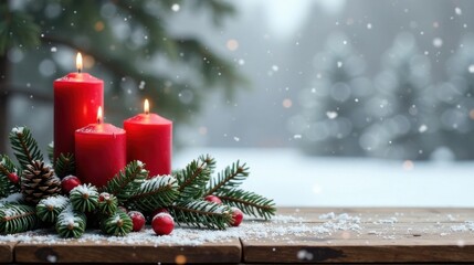 Winter Wonderland Candlescape Festive Red Candles Adorned with Snow-Covered Evergreen Branches and Berries on Rustic Wooden Surface