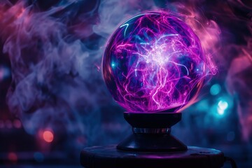 Dynamic plasma globe emitting vibrant purple and blue electric arcs surrounded by swirling smoke. A futuristic concept of energy and innovation, ideal for science and technology themes.