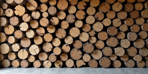 A wall of neatly stacked round wooden logs creates a rustic texture