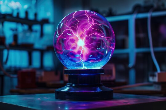 Vibrant plasma globe with purple and blue electric arcs in a futuristic lab. Highlighting innovation, energy flow, and scientific experiments. Ideal for technology and science visuals. - Powered by Adobe