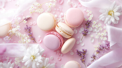 horizontal banner pastel macarons in pink, lavender, and cream Surrounding the macarons are tiny white flowers and a sheer ribbon, top view, sweets food concept, valentine's day