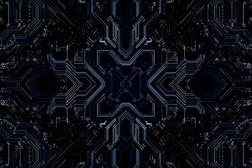 Abstract close-up of a glowing blue digital circuit board, showcasing intricate connections and technological design on a black background.
