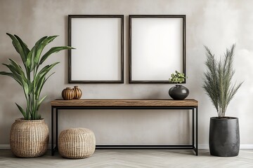 A charming photo framed mockup featuring decoration  image. Stylish and cozy interior with design...